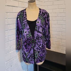 Eye-Catching Notations Cardigan & Tank Top Set - Purple/Green Ikat Print - XL